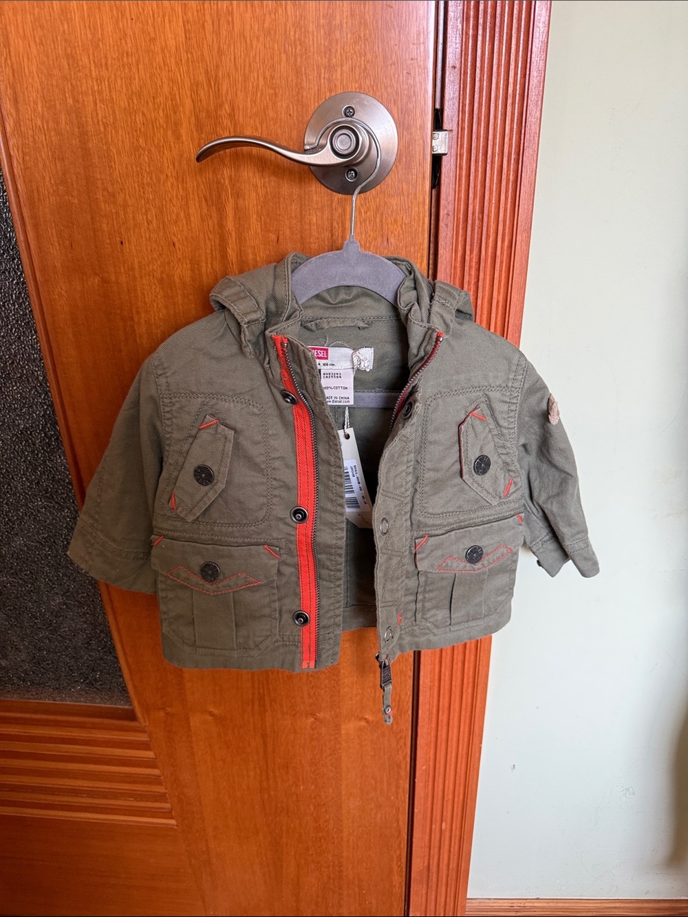 Diesel Kids Olive Green Hooded denim Jacket with Red Zip Trim